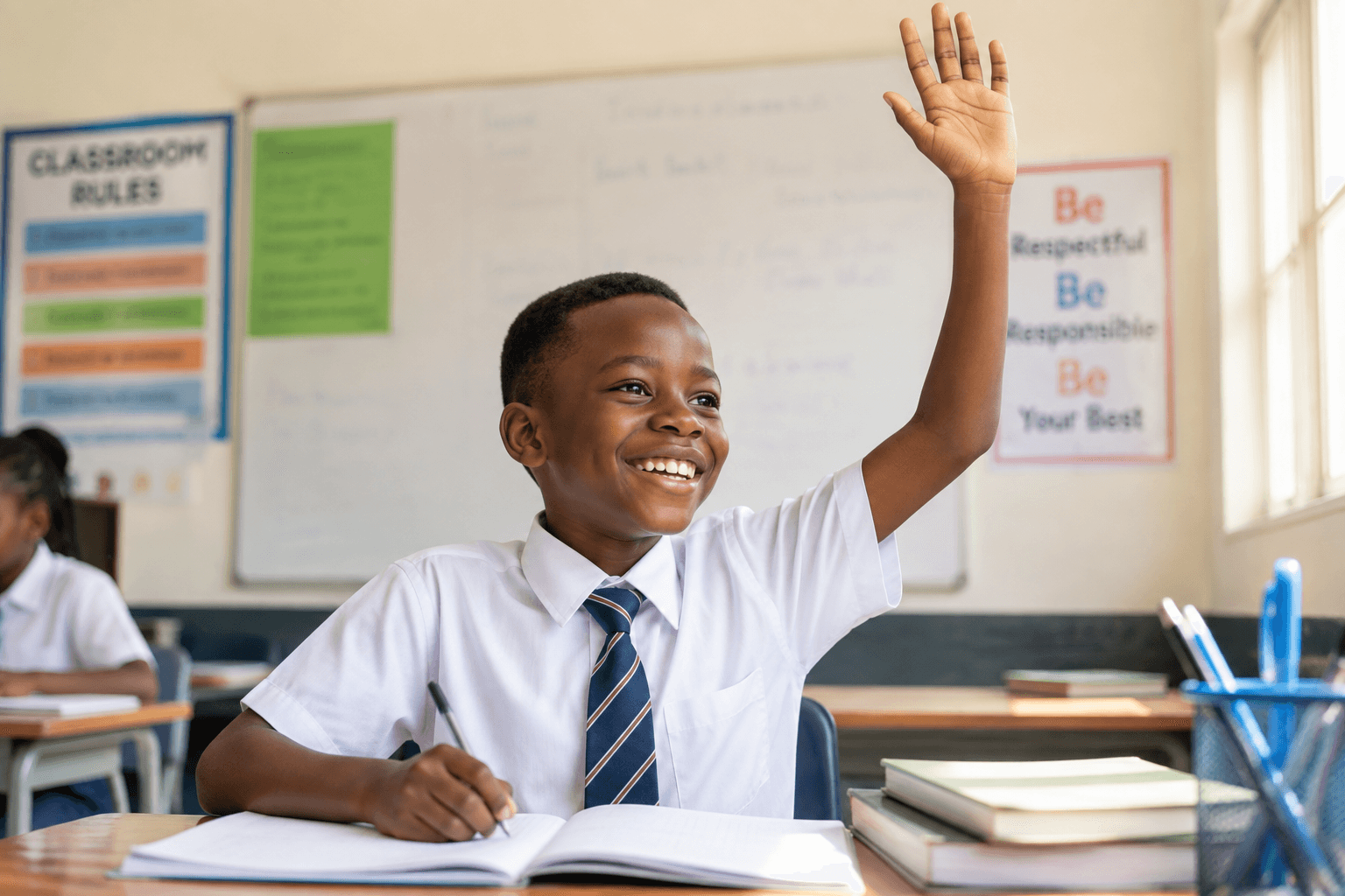 A learner raising their hand in a CBC classroom in Kenya