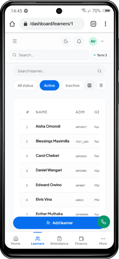 EduPro learners list on a phone